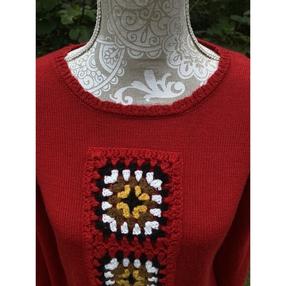 Skye's The Limit Women's Sz M  Red Pullover sweater Tunic granny squares accent - Picture 10 of 14